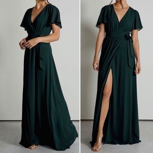 Arbor Naples Flutter Sleeve Wrap Maxi Dress in Forest Green Chiffon Size Small